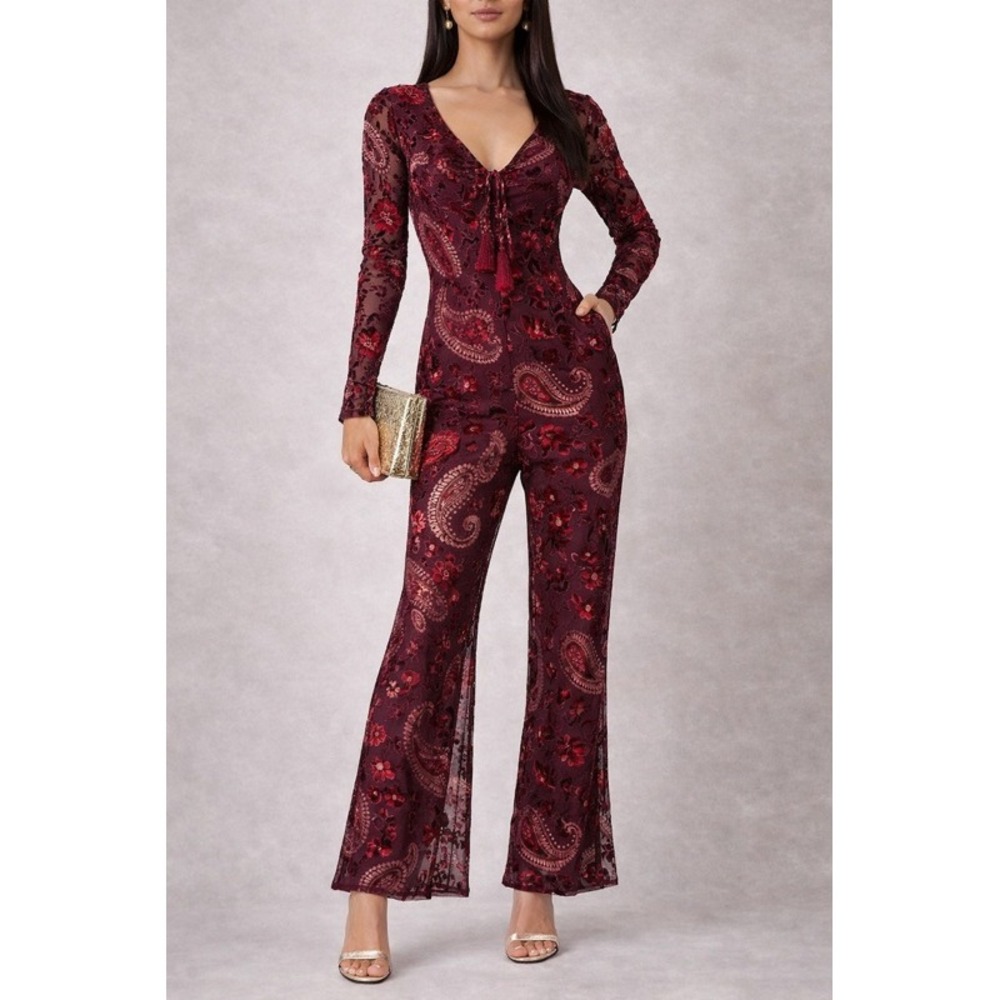 Chelsea & Violet Y2K Velvet Burnout Paisley‎ Jumpsuit XS